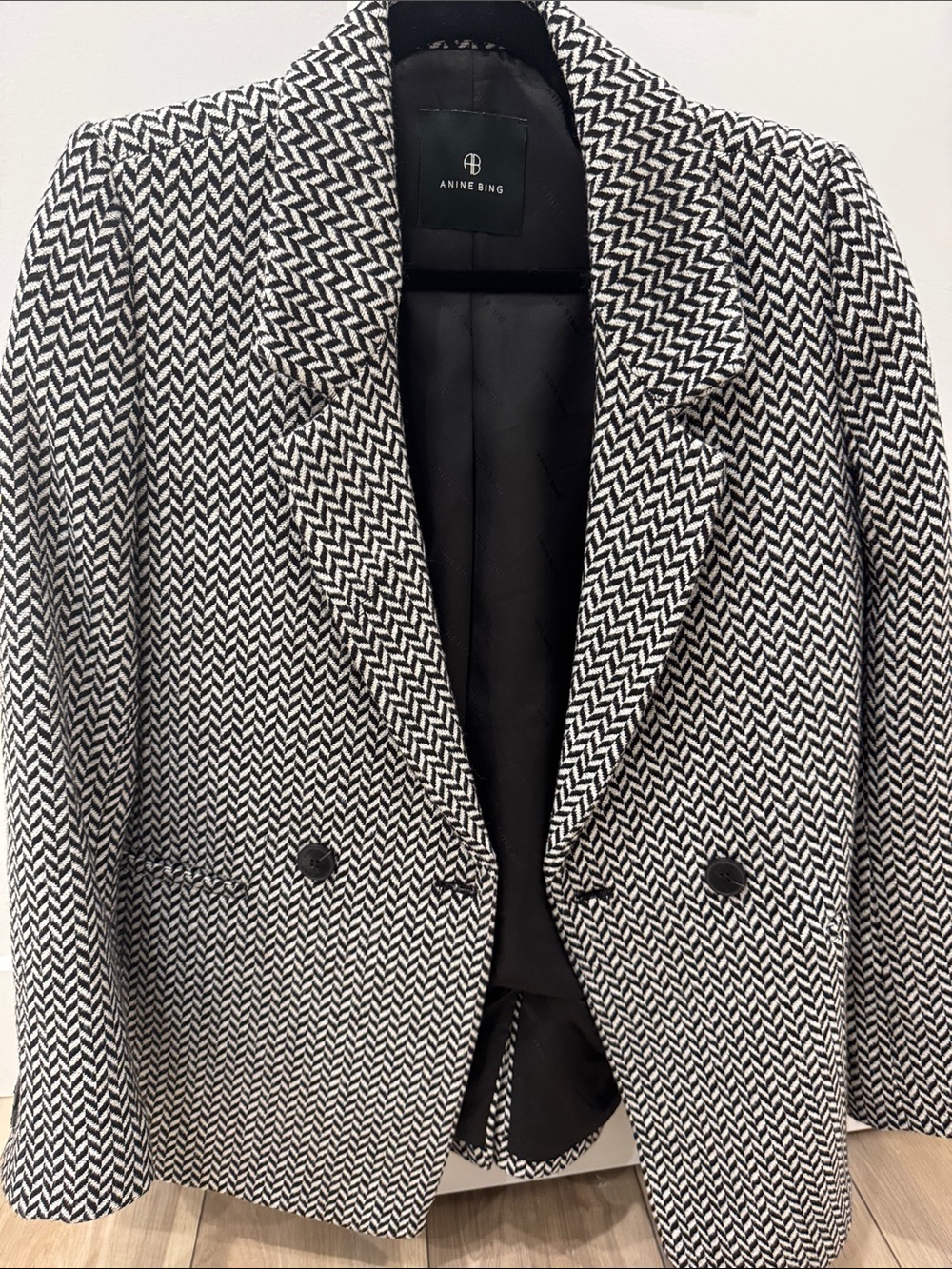 Anine Bing Black and White Herringbone Double-Breasted Blazer